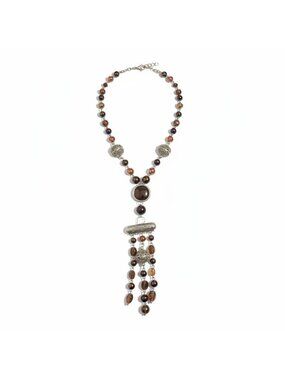 Vintage Art Deco Carnival Bead Iridescent Glass Metal Crystal Necklace 22”